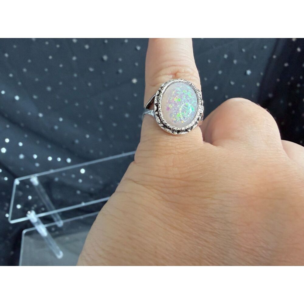 Opal Look Oval Ring Size 7, Silver Tone Iridescent Statement Ring